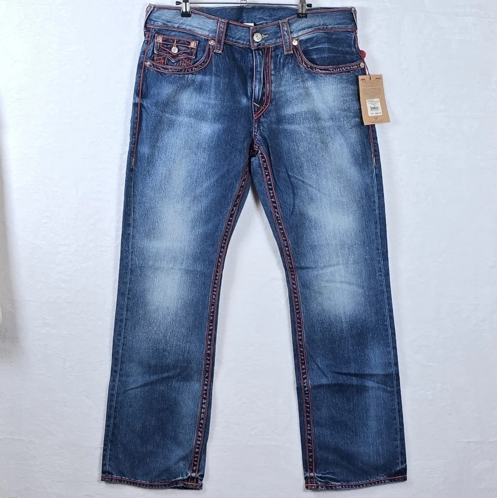 True Religion Ricky Exposed Red Chainstitch Straight Flap Jeans Men's Sz. 36
